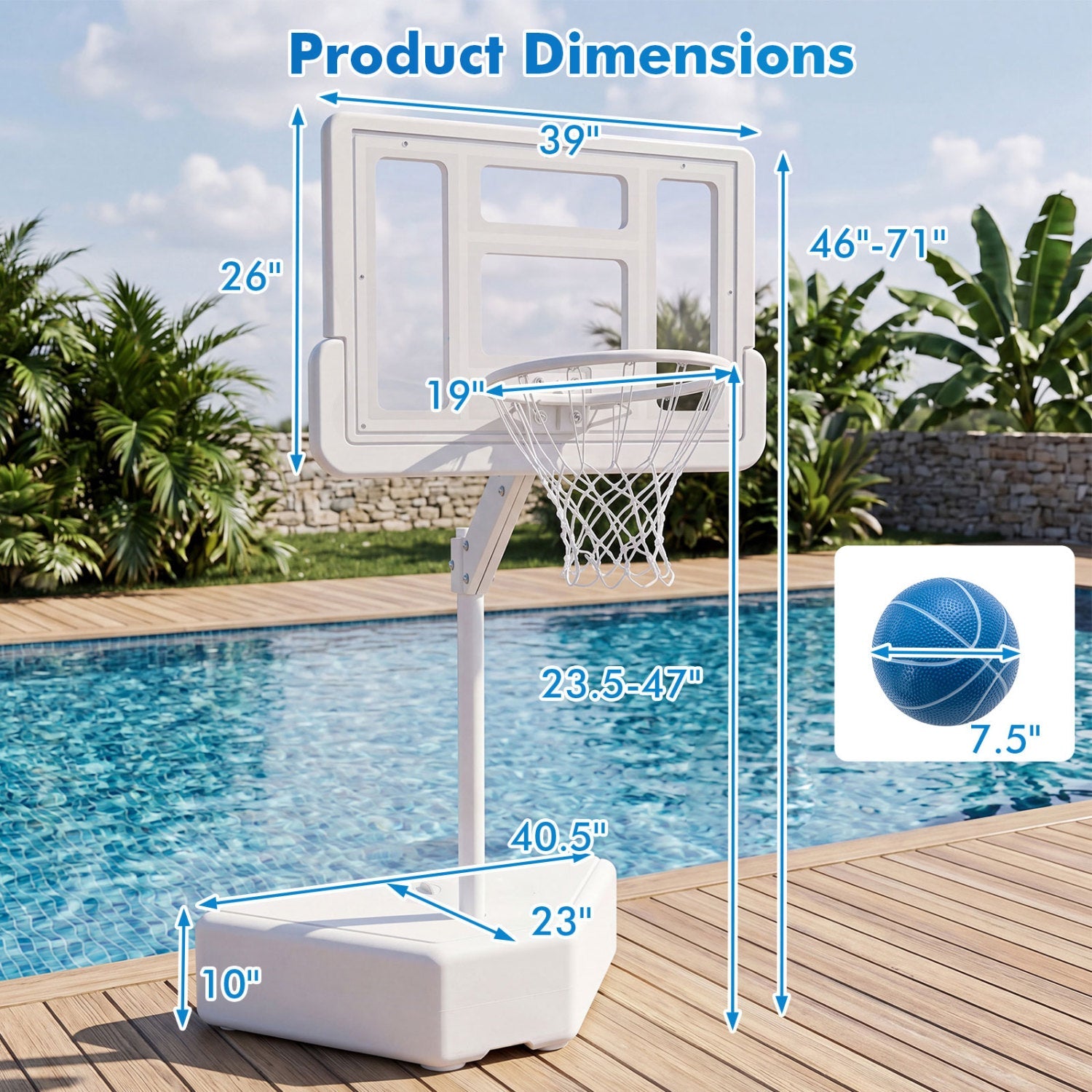 Pool basketball hoop with adjustable height and 2 balls, white backboard DirectDeals on Tampa Home & Garden Store
