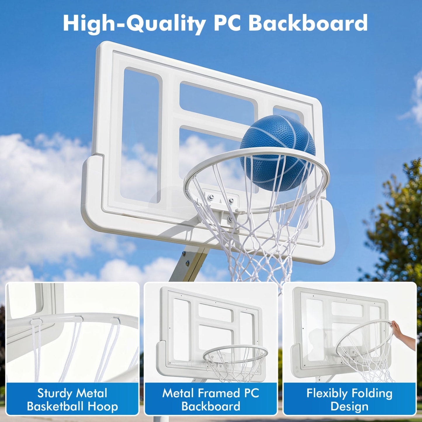 Pool basketball hoop by DirectDeals with adjustable height white backboard and two blue balls on Tampa Home & Garden Store