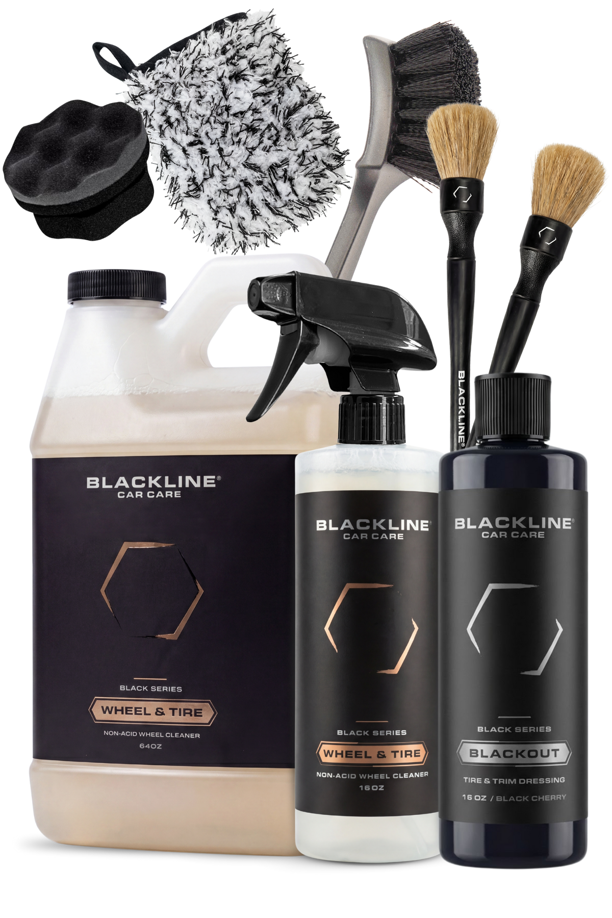 Blackline Car Care Blackout Trim & Tire Dressing kit with spray bottle and brushes on Tampa Home & Garden Store