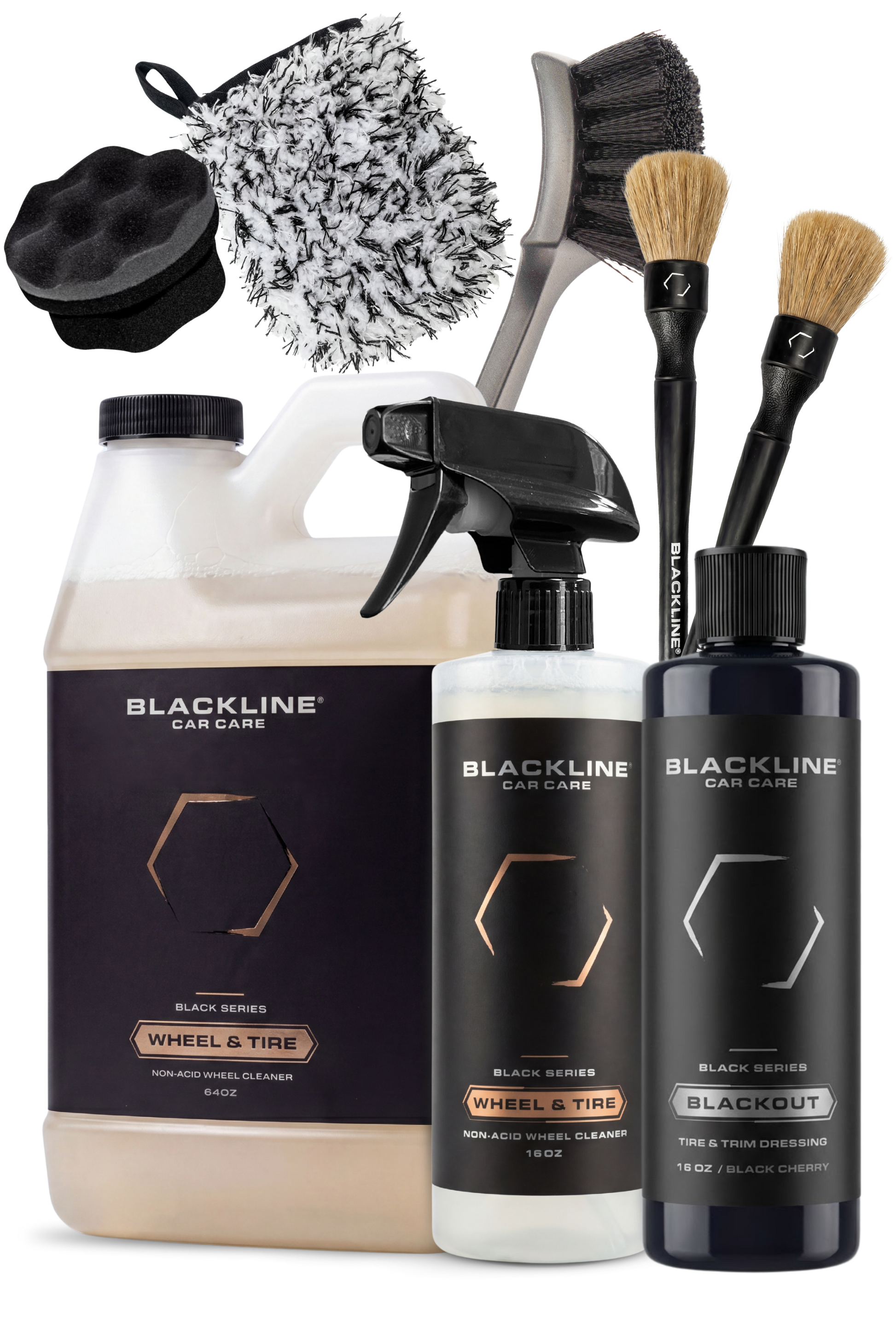 Blackline Car Care Blackout Trim & Tire Dressing kit with spray bottle and brushes on Tampa Home & Garden Store