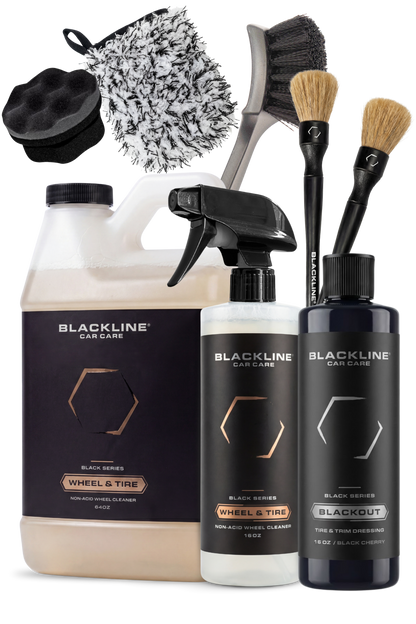 Blackline Car Care Blackout Trim & Tire Dressing kit with spray bottle and brushes on Tampa Home & Garden Store