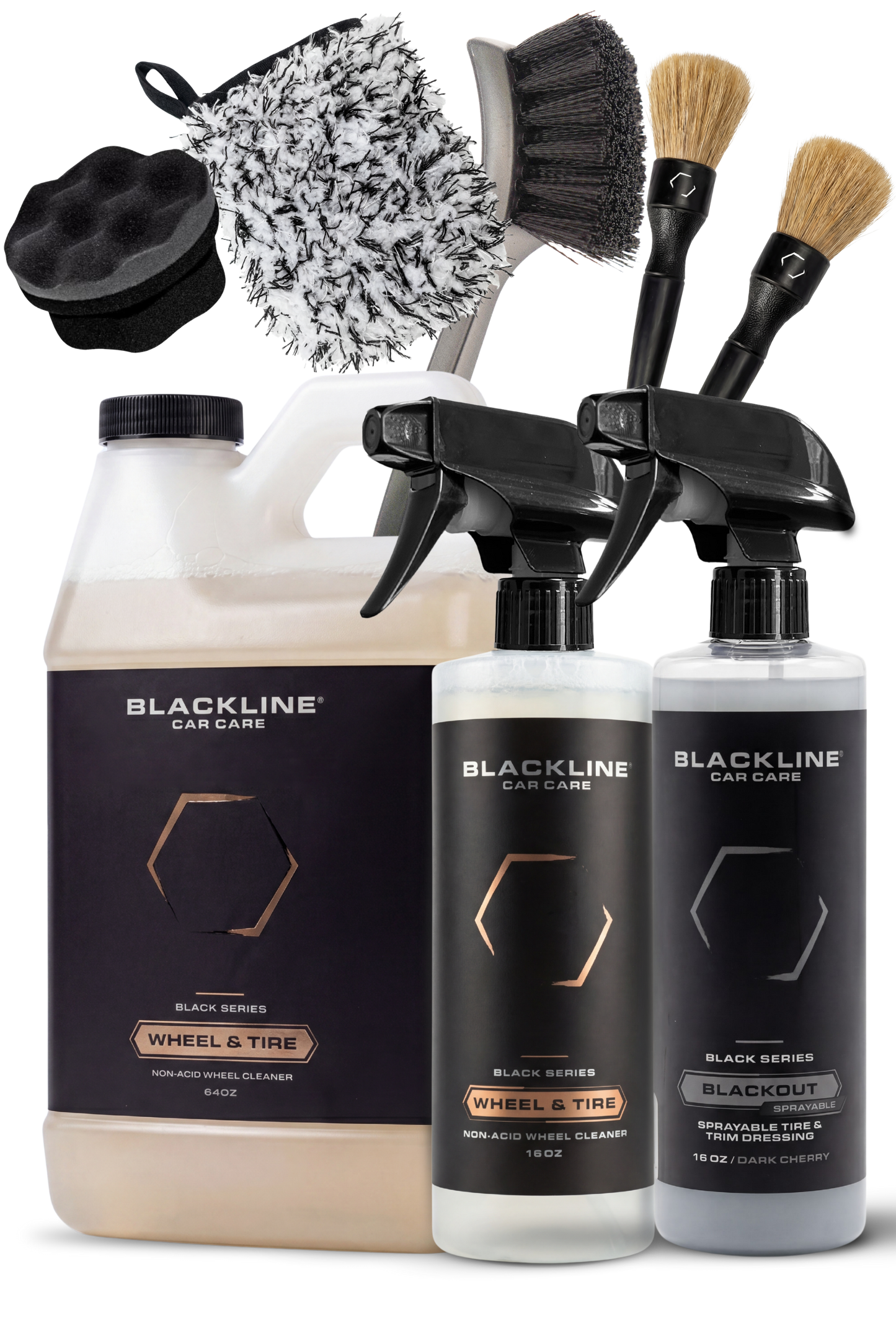 Blackline Blackout Trim & Tire Dressing set with spray bottles and brushes on Tampa Home & Garden Store