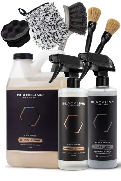Blackline Blackout Trim & Tire Dressing set with spray bottles and brushes on Tampa Home & Garden Store