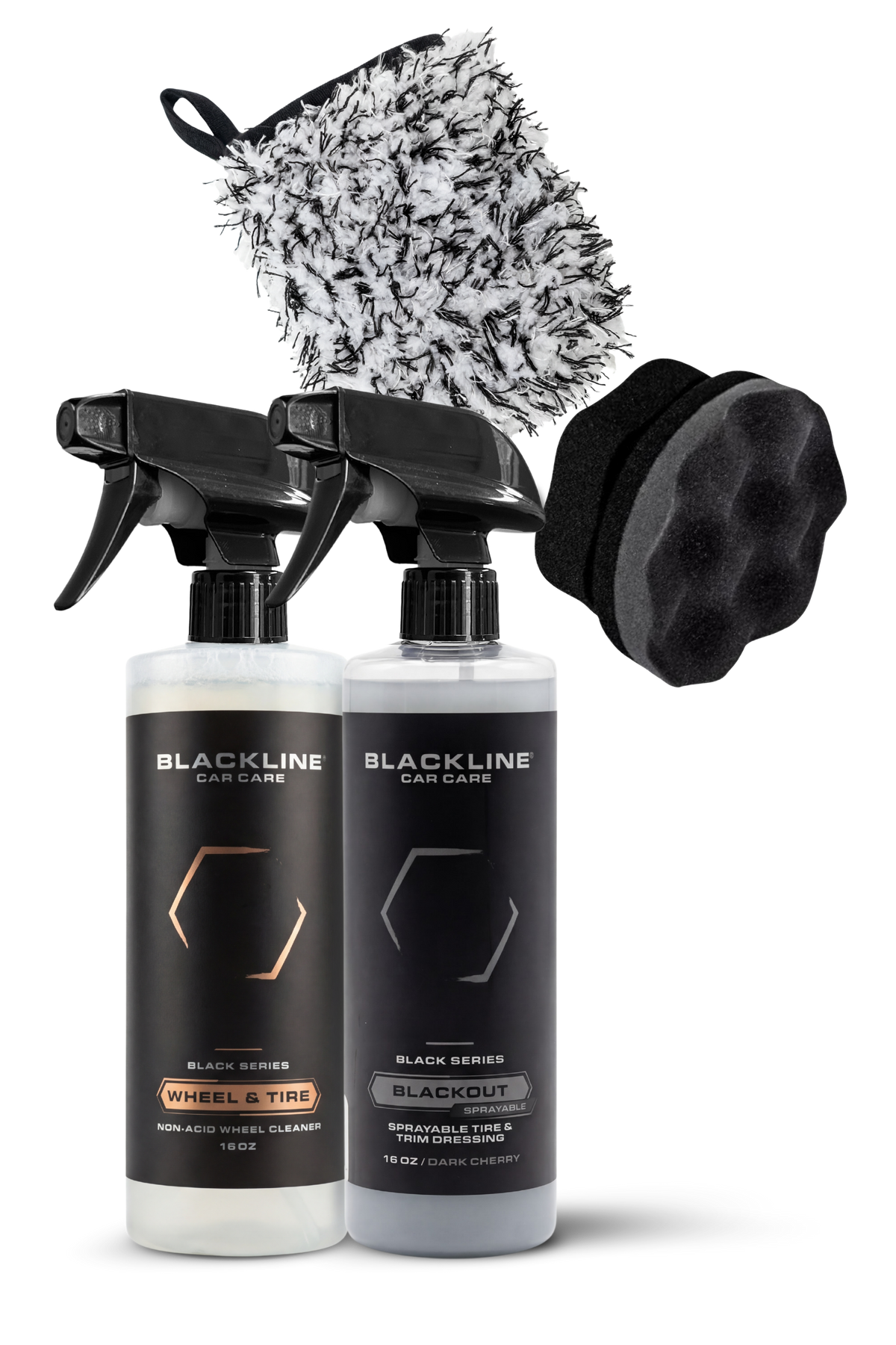 Blackline Car Care Blackout Trim & Tire Dressing set with 2 spray bottles and wash mitt on Tampa Home & Garden Store