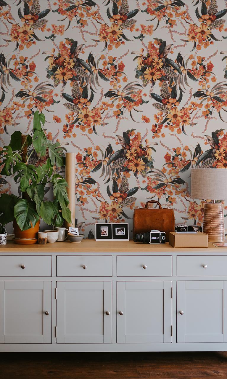 Springtime Wallpaper, off-white & orange - Tampa Home & Garden Store