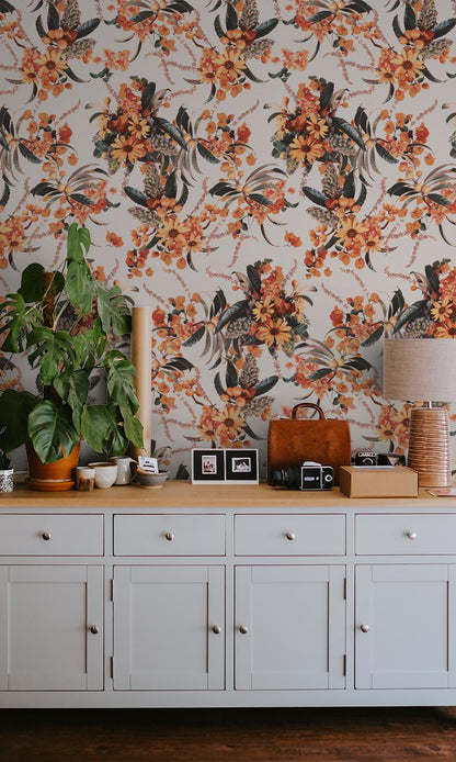 Springtime Wallpaper, off-white & orange - Tampa Home & Garden Store