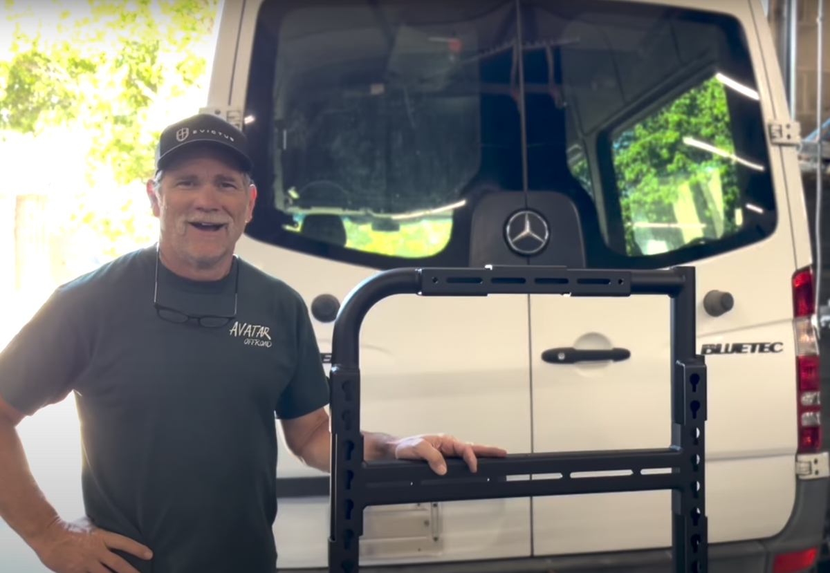 Avatar Massif van rear door storage mounting system by Avatar Offroad, black steel rack on Tampa Home & Garden Store