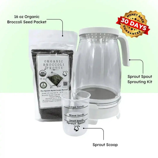 Sprout Spout Broccoli Starter Kit with clear sprouting jar, 16 oz broccoli seed packet, and scoop on Tampa Home & Garden Store