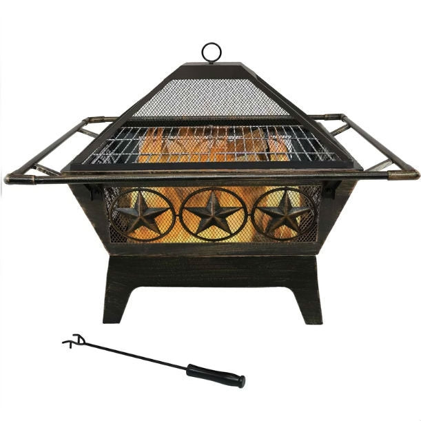 Square Outdoor Steel Wood Burning Fire Pit with Star Design - Tampa Home & Garden Store