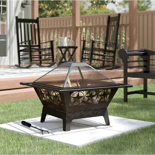 Square Outdoor Steel Wood Burning Fire Pit with Star Design - Tampa Home & Garden Store