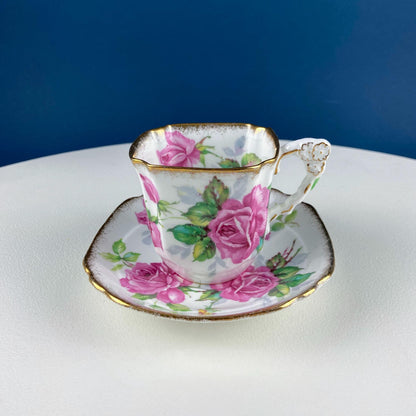 Square Tea or Coffee Cup with Bold Pink Roses and Floral Handle. Royal Stafford Berkeley Rose. Gift for a Romantic in Your Life. - Tampa Home & Garden Store