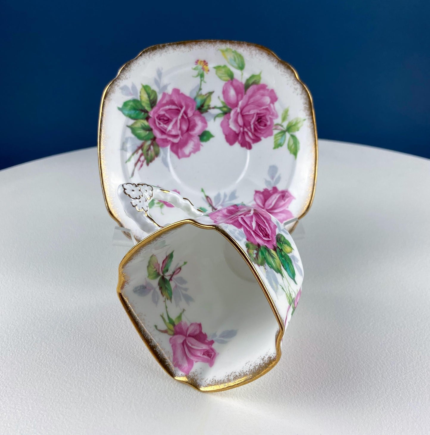 Square Tea or Coffee Cup with Bold Pink Roses and Floral Handle. Royal Stafford Berkeley Rose. Gift for a Romantic in Your Life. - Tampa Home & Garden Store
