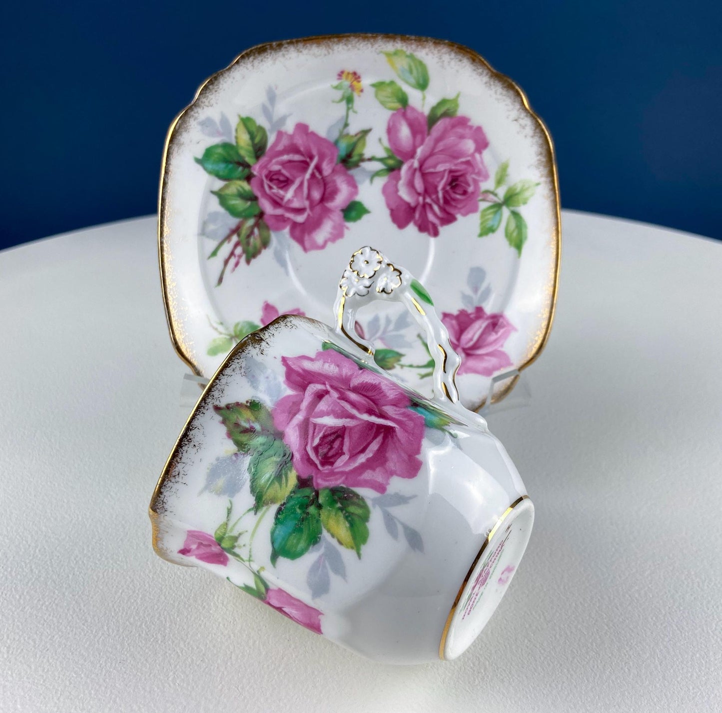 Square Tea or Coffee Cup with Bold Pink Roses and Floral Handle. Royal Stafford Berkeley Rose. Gift for a Romantic in Your Life. - Tampa Home & Garden Store