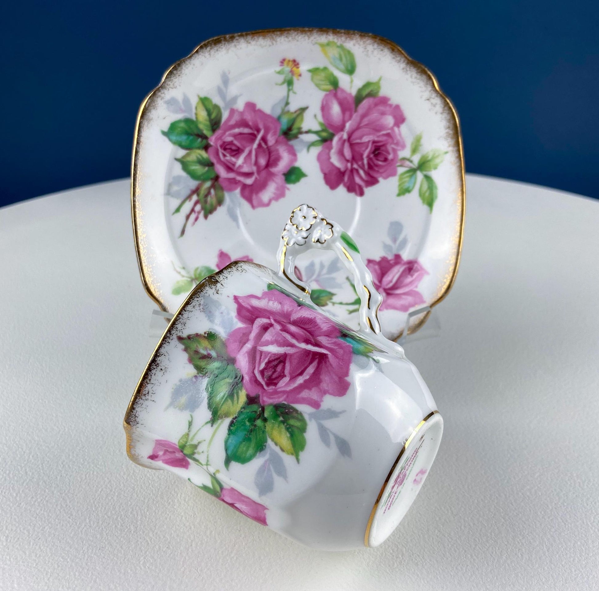 Square Tea or Coffee Cup with Bold Pink Roses and Floral Handle. Royal Stafford Berkeley Rose. Gift for a Romantic in Your Life. - Tampa Home & Garden Store