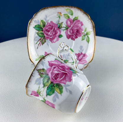 Square Tea or Coffee Cup with Bold Pink Roses and Floral Handle. Royal Stafford Berkeley Rose. Gift for a Romantic in Your Life. - Tampa Home & Garden Store