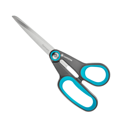 MultiCut scissors by Gardena with grey body and teal blue grips, stainless blades on Tampa Home & Garden Store
