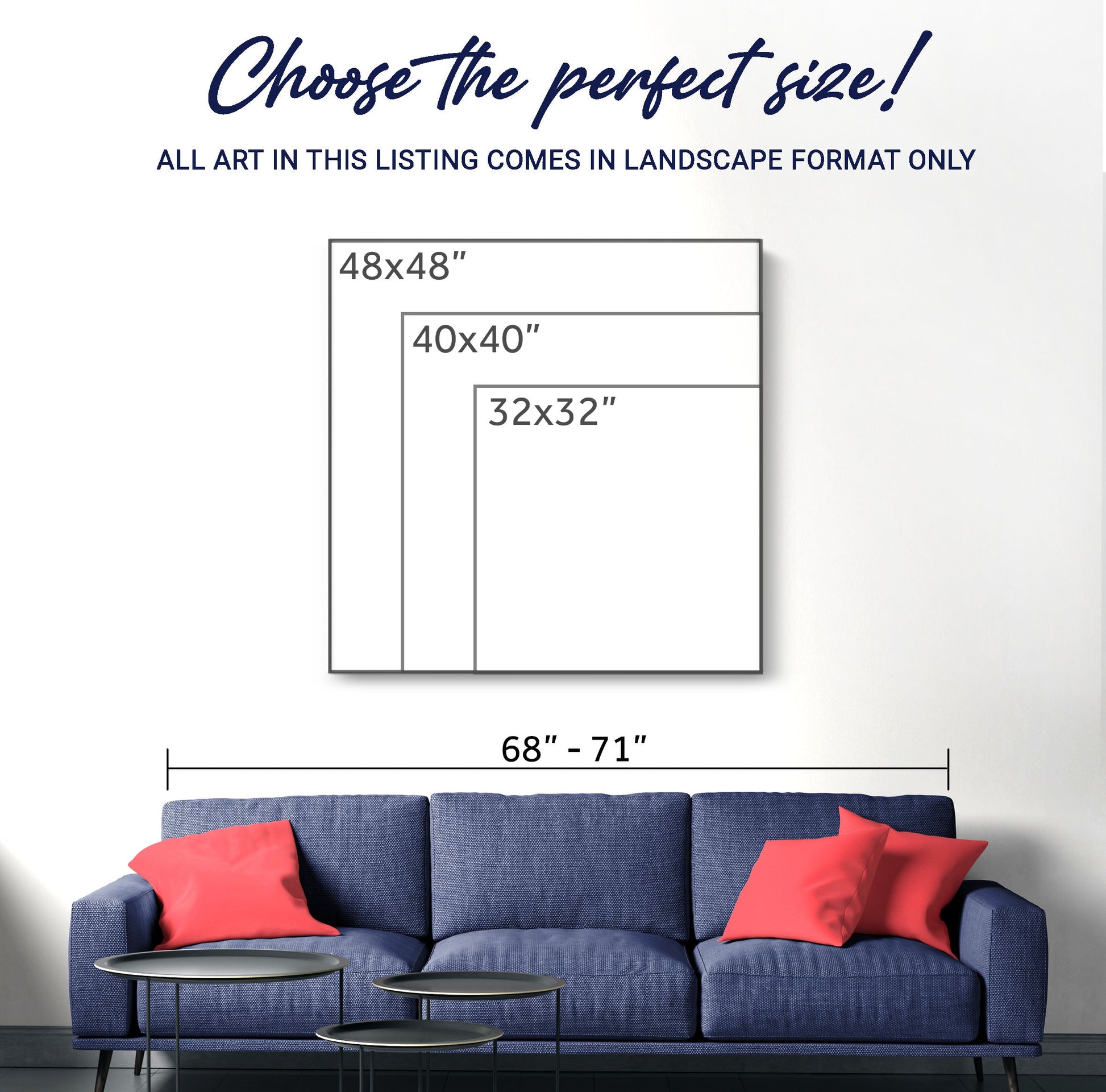 Canvas print Flore Symphony by Tailored Canvases; living room scene with a blue sofa and red cushions; size options 68-71, 48x48, 40x40, 32x32 on Tampa Home & Garden Store