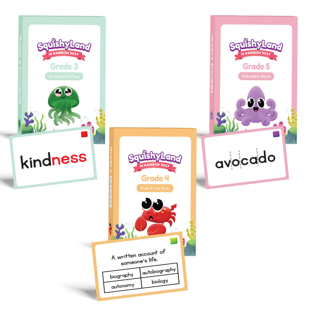 Squishyland 3-5 Expansion Card Packs with Grade 3/4/5 boxes and kindness and avocado cards on Tampa Home & Garden Store