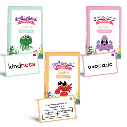 Squishyland 3-5 Expansion Card Packs with Grade 3/4/5 boxes and kindness and avocado cards on Tampa Home & Garden Store