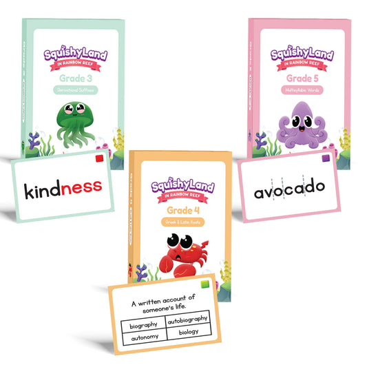Squishyland 3-5 Expansion Card Packs with Grade 3/4/5 boxes and kindness and avocado cards on Tampa Home & Garden Store