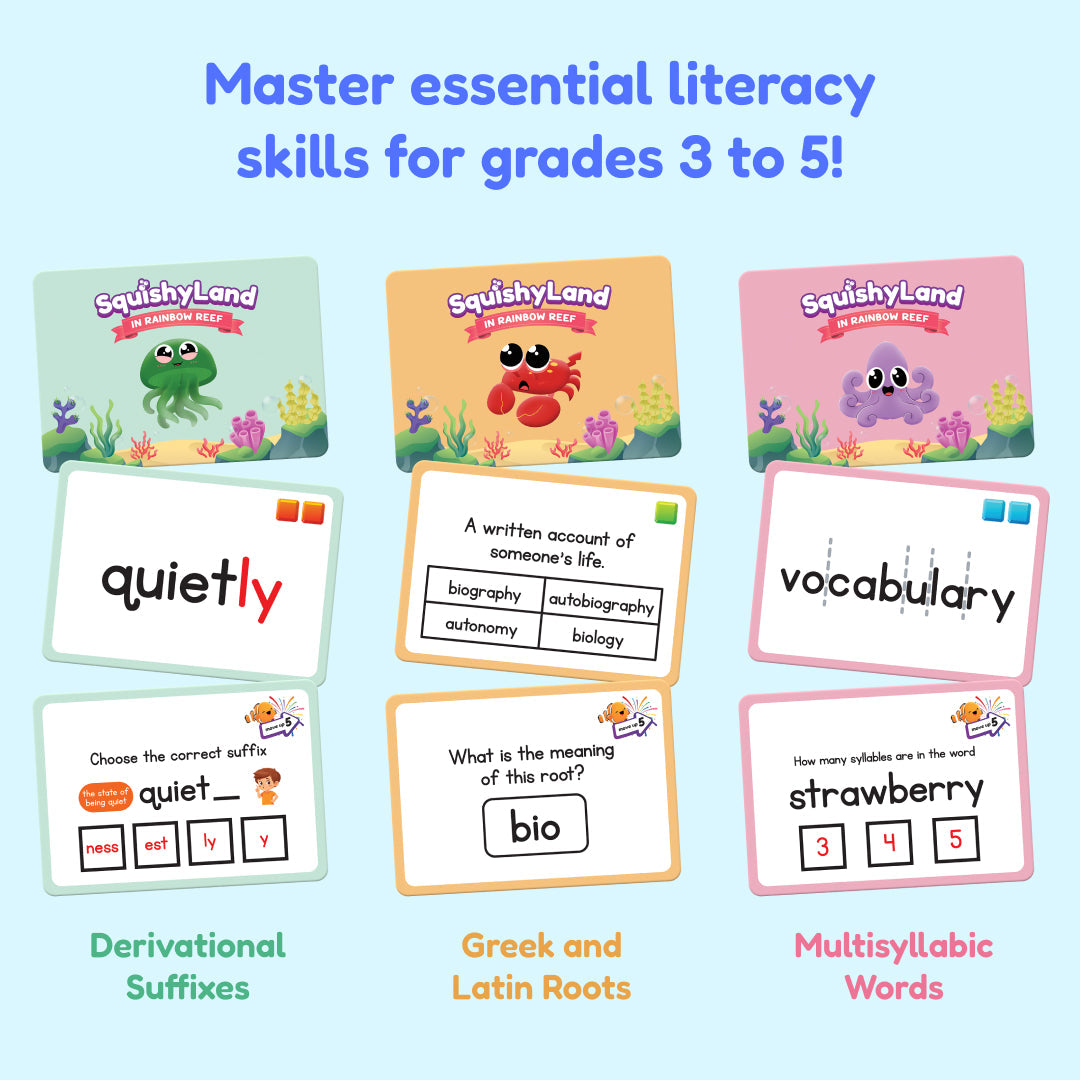 SquishyLand 3-5 Card Packs educational toys with three colorful literacy cards on Tampa Home & Garden Store