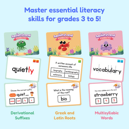 SquishyLand 3-5 Card Packs educational toys with three colorful literacy cards on Tampa Home & Garden Store