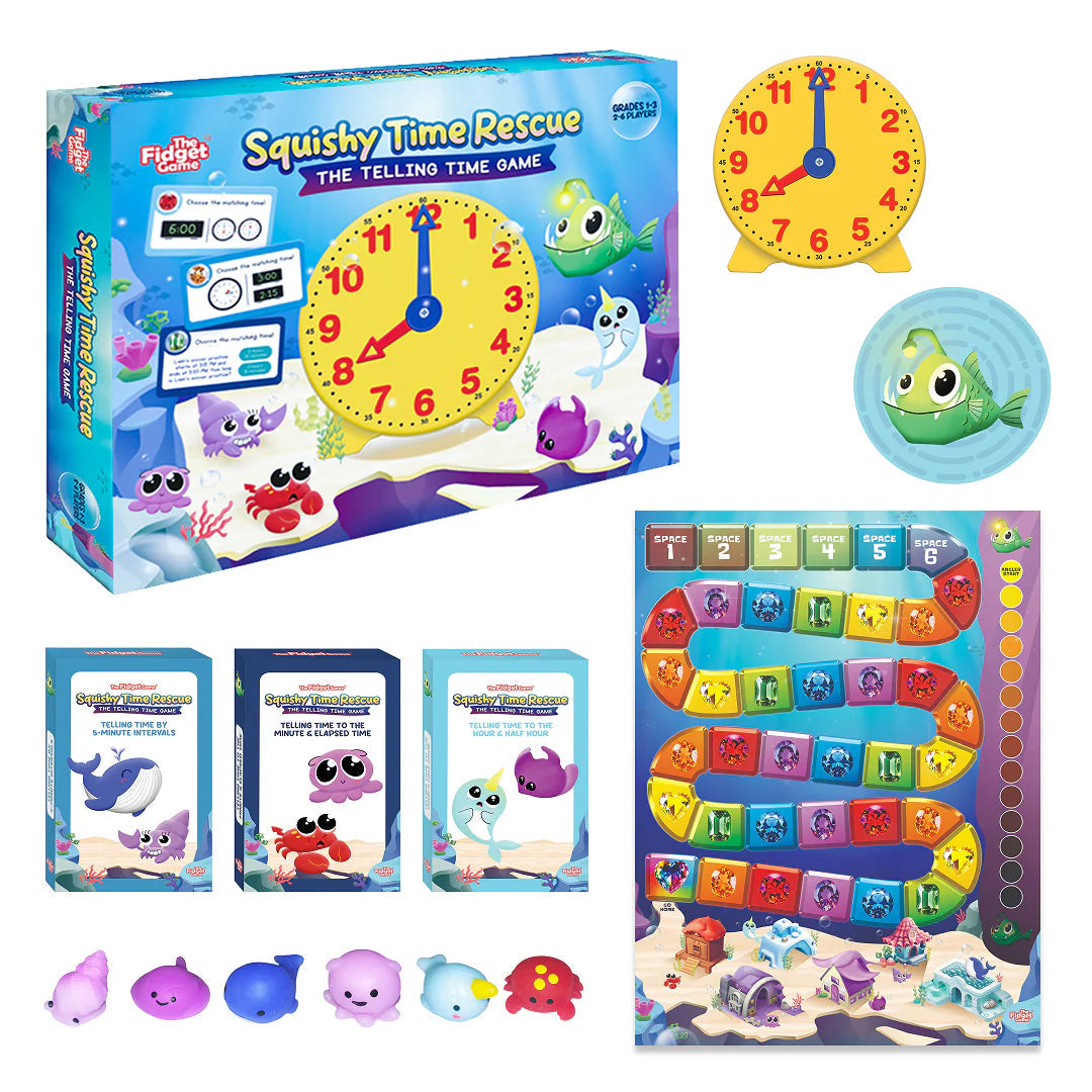 Squishy Time Rescue game The Fidget Games; yellow clock, sea life, gem board, 3 boxes, squishies on Tampa Home & Garden Store
