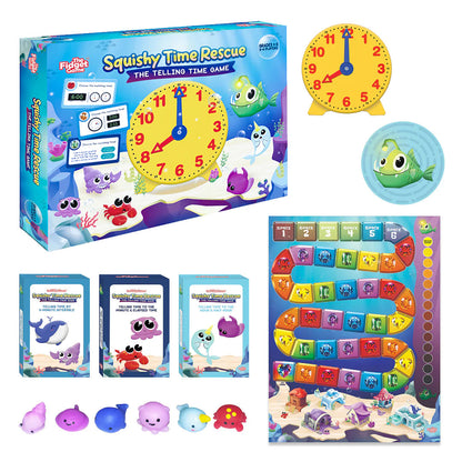 Squishy Time Rescue game The Fidget Games; yellow clock, sea life, gem board, 3 boxes, squishies on Tampa Home & Garden Store