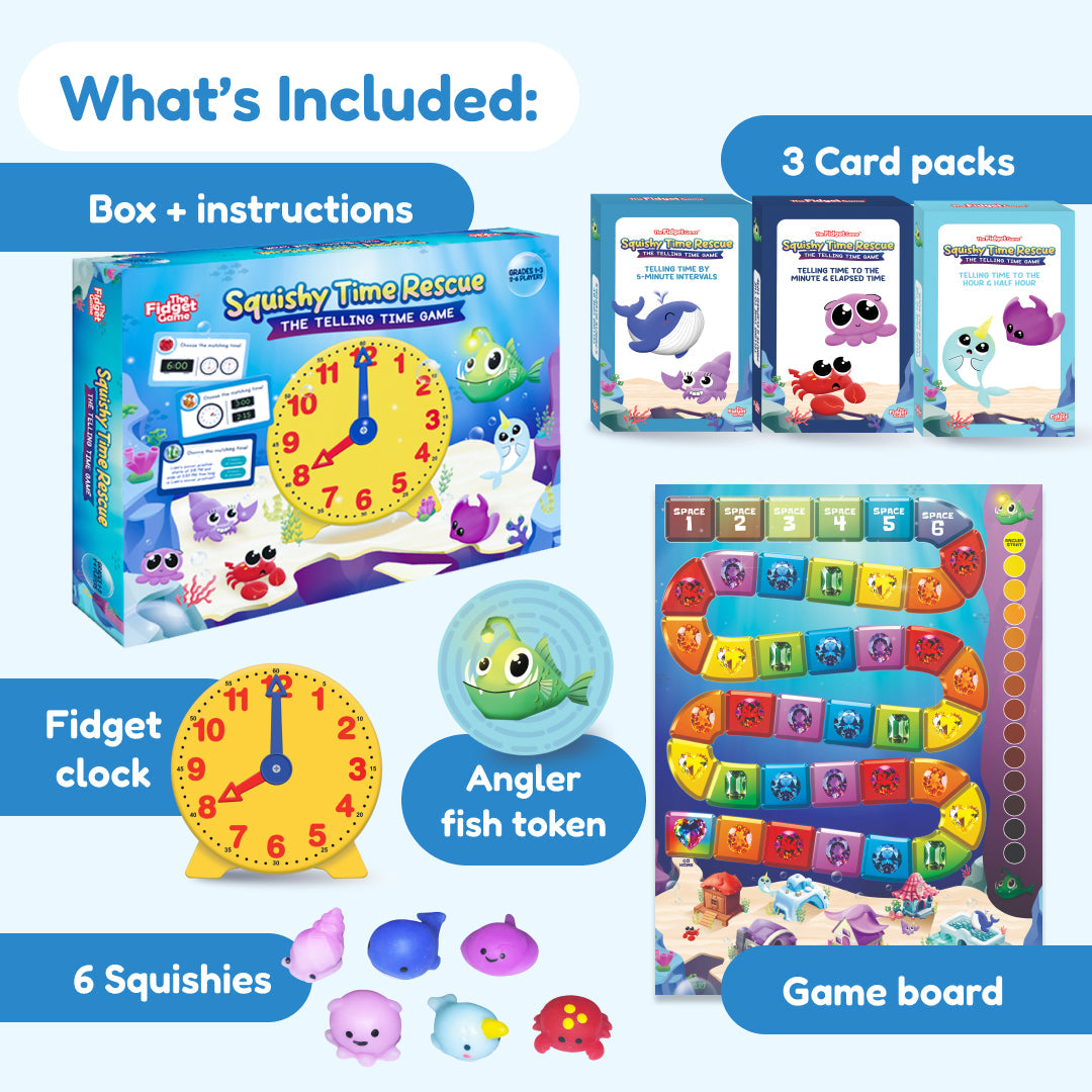 Squishy Time Rescue by The Fidget Games; yellow clock box, 3 card packs, 6 squishies on Tampa Home & Garden Store