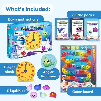 Squishy Time Rescue by The Fidget Games; yellow clock box, 3 card packs, 6 squishies on Tampa Home & Garden Store