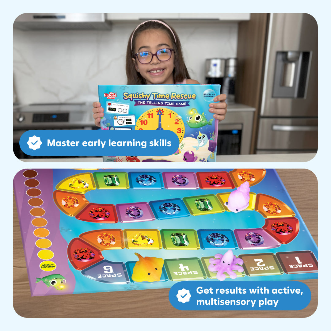 Squishy Time Rescue by The Fidget Games held by a smiling girl; colorful gem board display on Tampa Home & Garden Store