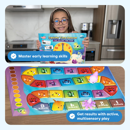 Squishy Time Rescue by The Fidget Games held by a smiling girl; colorful gem board display on Tampa Home & Garden Store