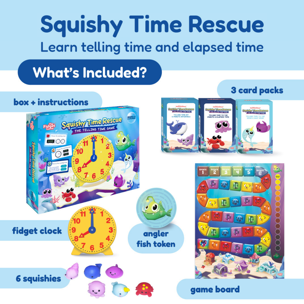 Grade 3-5 Shark Tank Bundle; The Fidget Games blue box with yellow clock and 3 card packs on Tampa Home & Garden Store