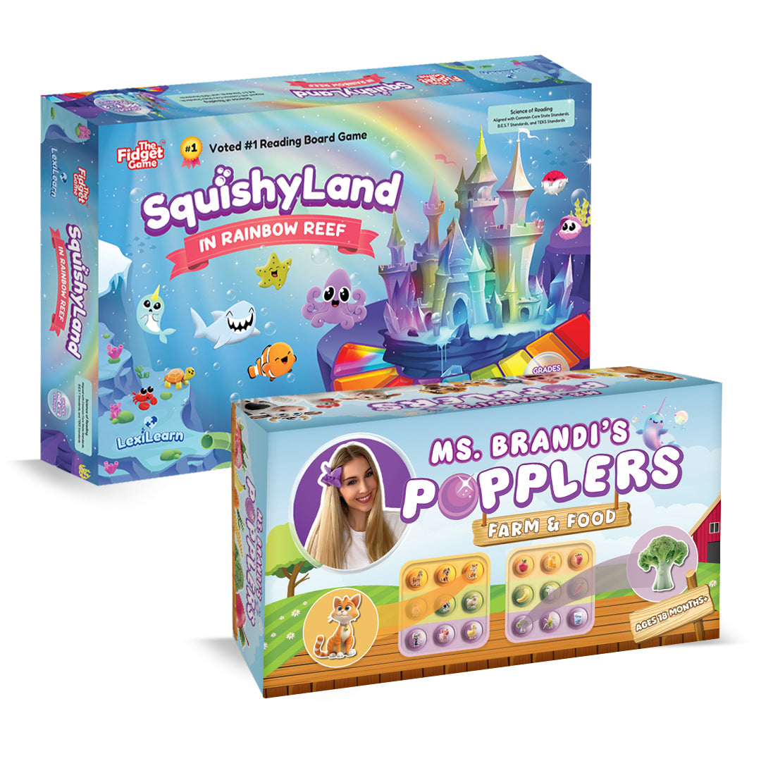 SquishyLand Rainbow Reef board game and Ms Brandi's Popplers Farm & Food box set on Tampa Home & Garden Store