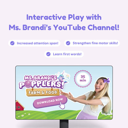 Squishyland + Popplers board game on screen with Ms. Brandi's Popplers Farm Food, download now on Tampa Home & Garden Store