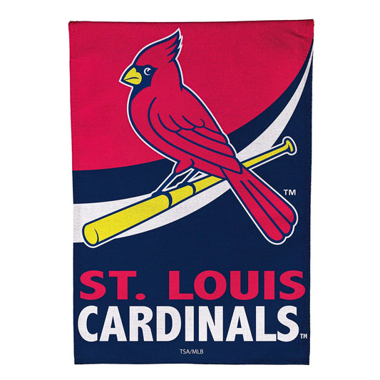 St Louis Cardinals burlap garden flag featuring the red cardinal logo on bold red and navy background on Tampa Home & Garden Store