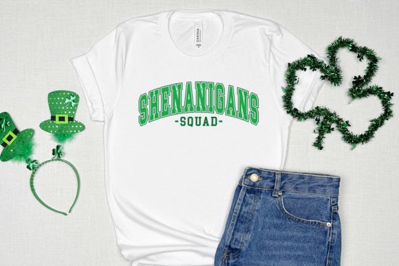Shenanigans Squad unisex bamboo/cotton T-shirt, white with green arch text, jeans on Tampa Home & Garden Store