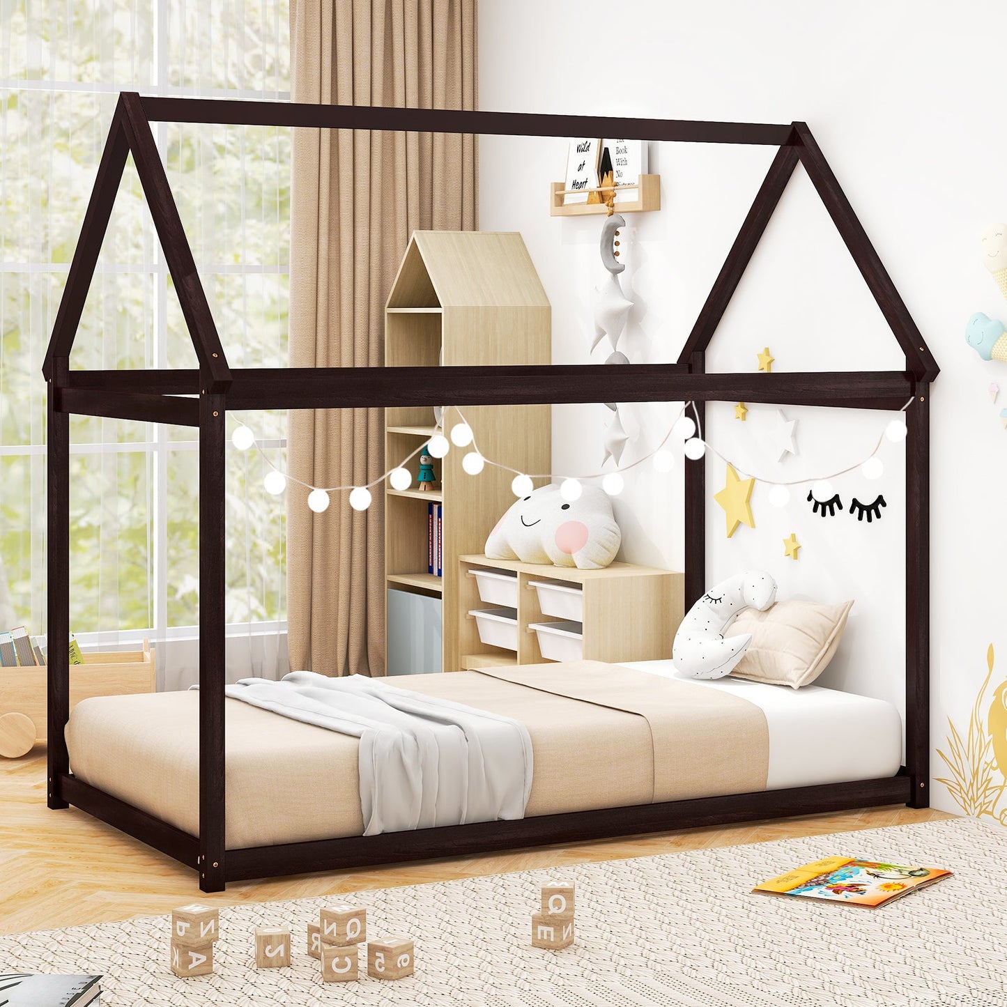 Cama de Plataforma Baja para Niños Estable con Techo y Somier de Lamas Resistentes-Espresso