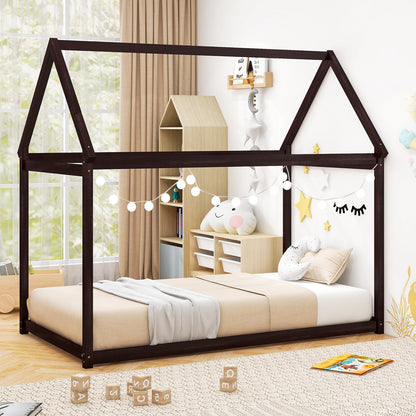 Cama de Plataforma Baja para Niños Estable con Techo y Somier de Lamas Resistentes-Espresso