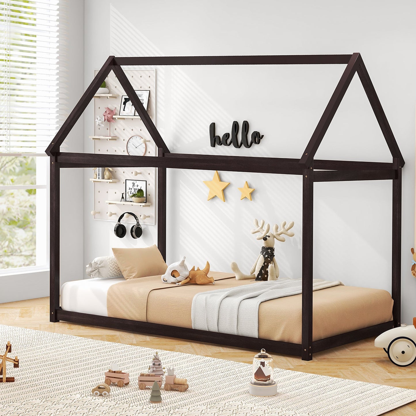 Cama de Plataforma Baja para Niños Estable con Techo y Somier de Lamas Resistentes-Espresso