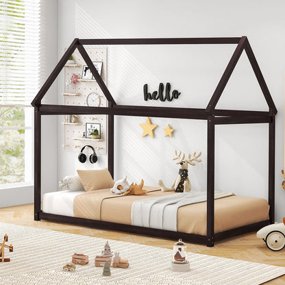 Cama de Plataforma Baja para Niños Estable con Techo y Somier de Lamas Resistentes-Espresso