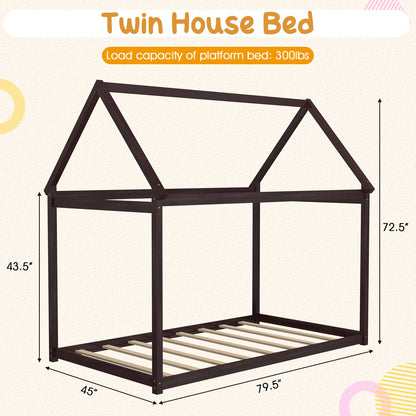 Cama de Plataforma Baja para Niños Estable con Techo y Somier de Lamas Resistentes-Espresso