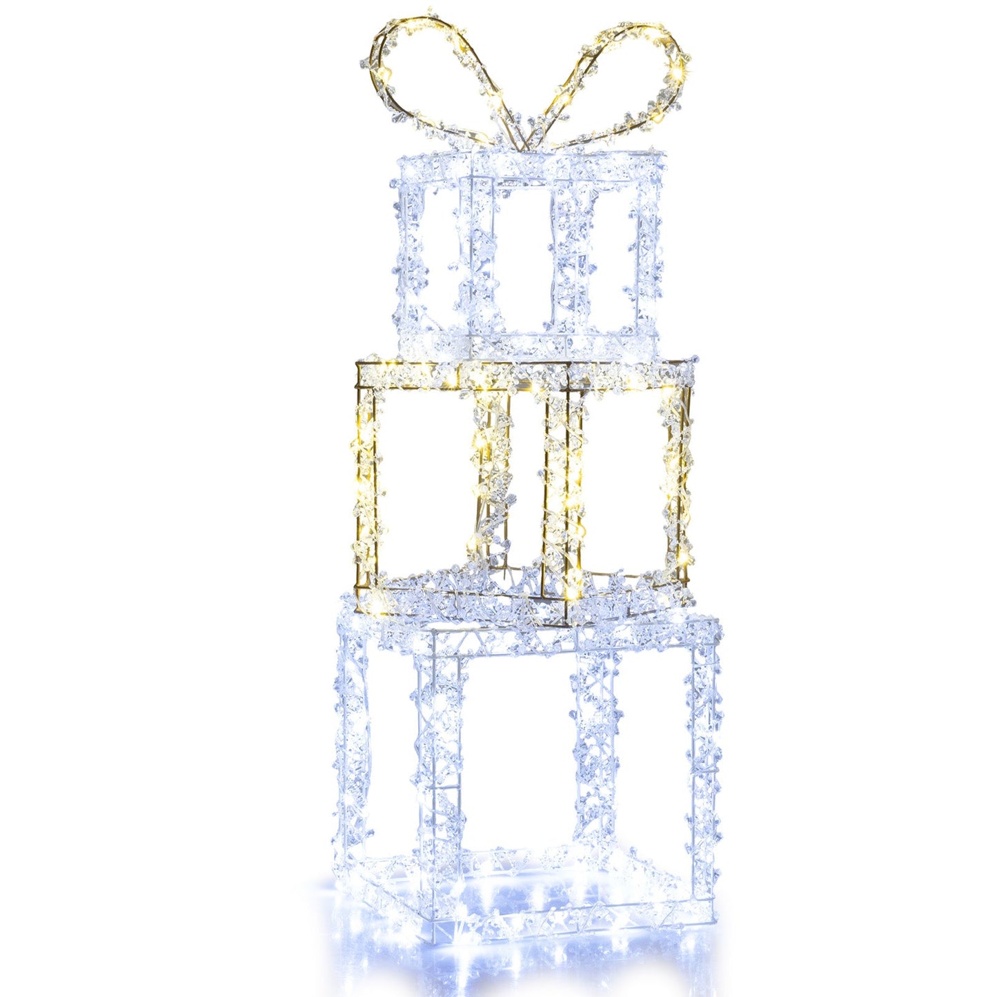 Stacked lighted gift boxes set of 3 with crystal frames and warm white bow lights on Tampa Home & Garden Store