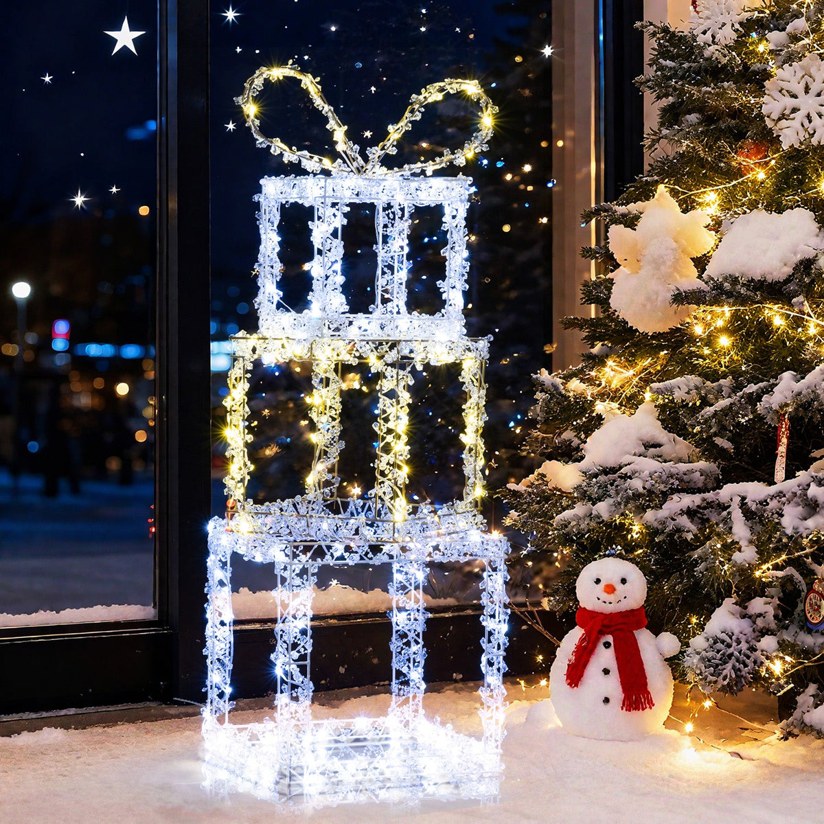 Stacked lighted gift boxes 3-pack with crystal frames and warm white LEDs on Tampa Home & Garden Store