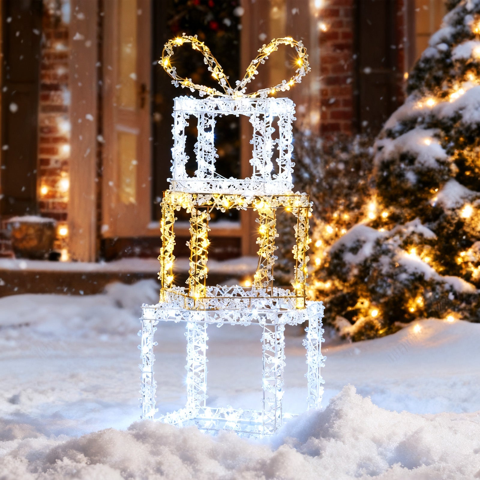 Stacked lighted gift boxes set of 3 white ornate frames with warm LED lights for outdoor use on Tampa Home & Garden Store