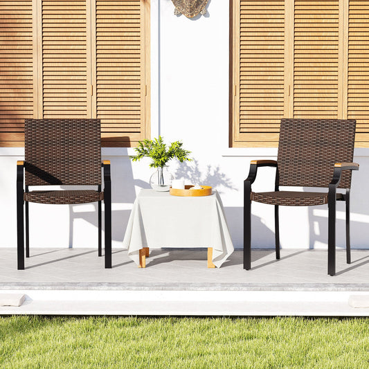 Stacking Wicker Chairs Set of 2 Patio Rattan Dining Chairs with Acacia Wood Armrests - Tampa Home & Garden Store