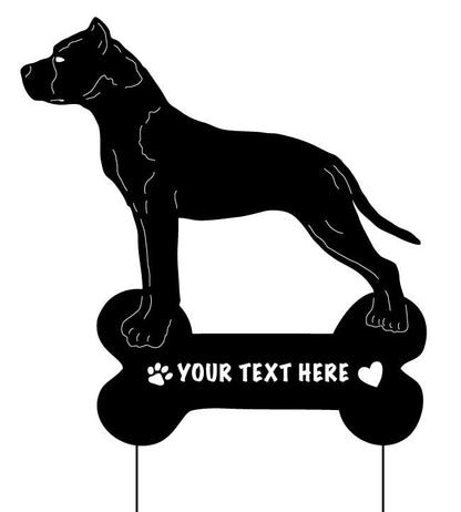 Staffordshire Bull Terrier garden stake silhouette with bone-shaped base and customizable plaque on Tampa Home & Garden Store