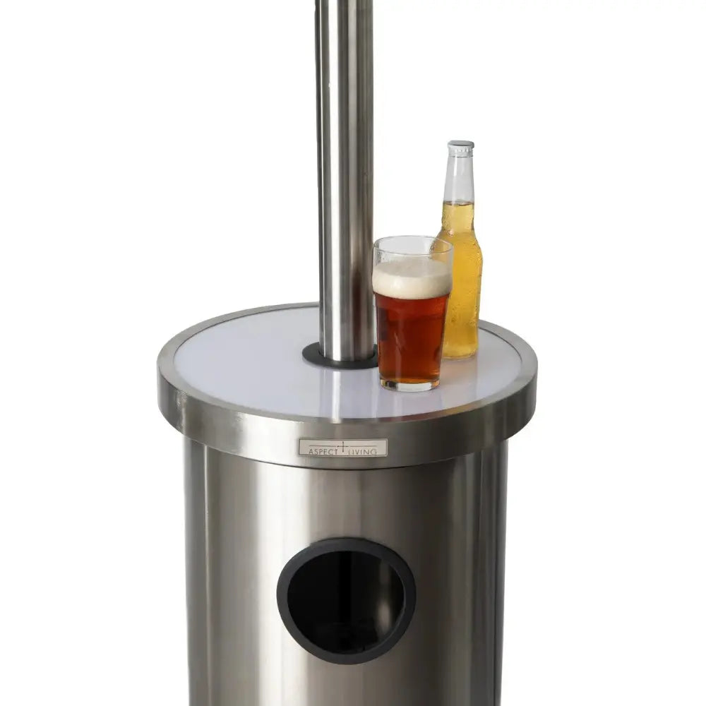 Stainless steel gas patio heater with permanent LED table top; Aspect Living branding on Tampa Home & Garden Store