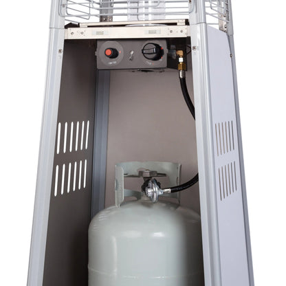 Stainless Steel Pyramid Flame Heater gas heater with knobs and propane tank inside cabinet on Tampa Home & Garden Store