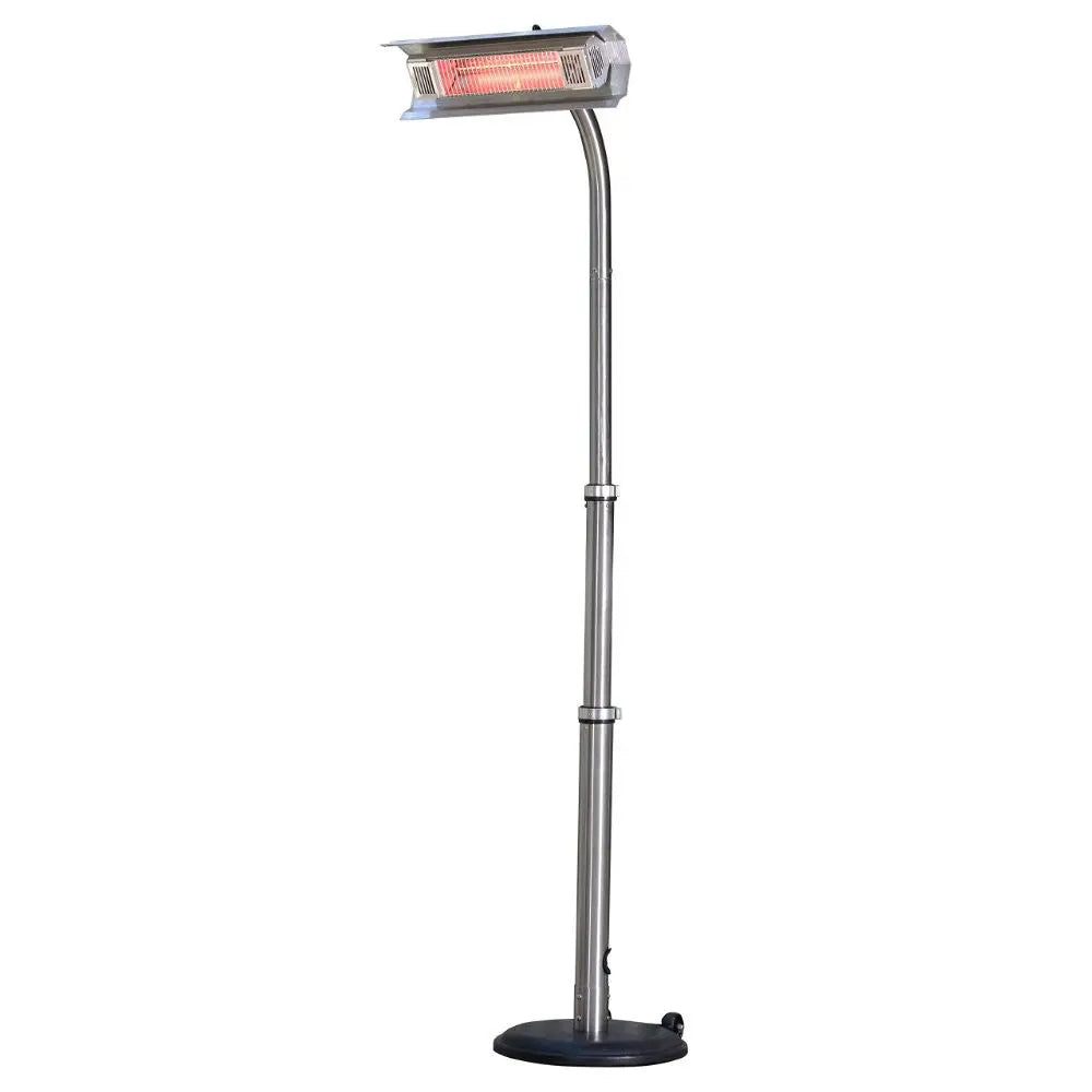 Stainless steel telescoping offset pole-mounted infrared patio heater with head on a base on Tampa Home & Garden Store